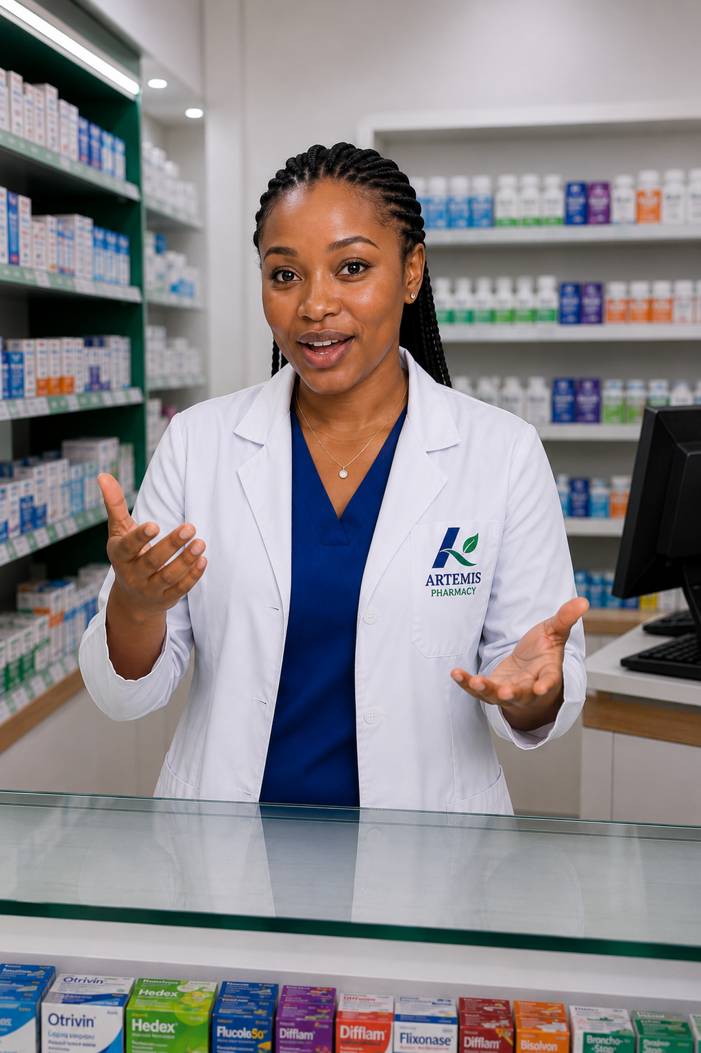 Professional African pharmacist representing Artemis Pharmacy