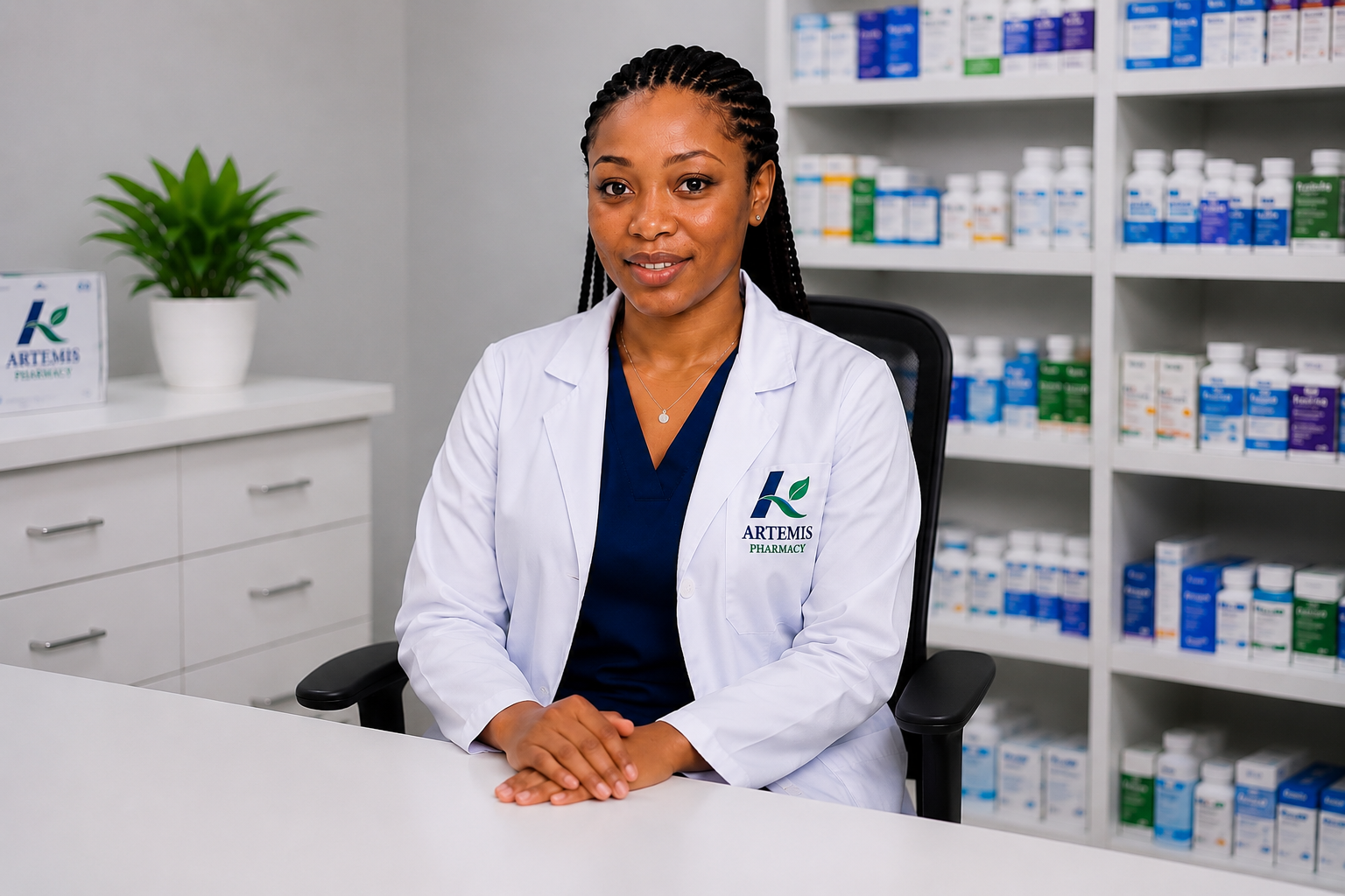 Professional African pharmacist at a pharmacy counter
